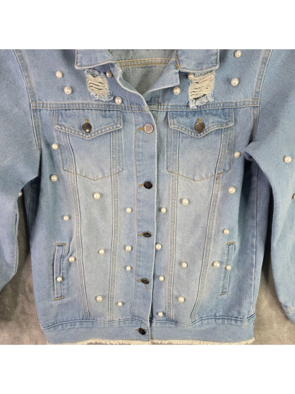 Womens Between Us Pearl Embellished Distressed Blue Denim Jacket 100% Cotton M - Picture 2 of 9